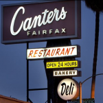 The Canter's Deli marquee sign at dusk